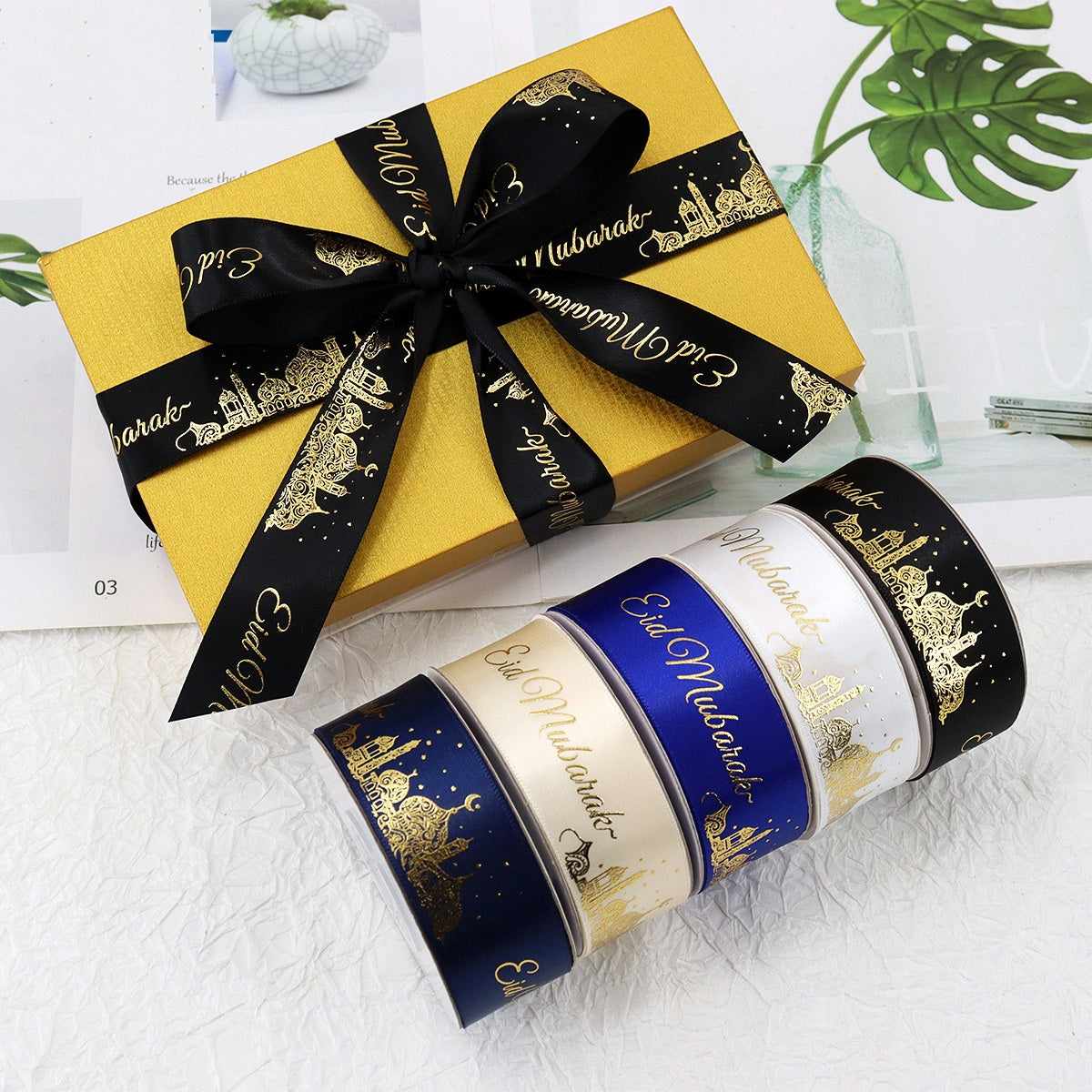 Eid Mubarak ribbon on gift bow: black, gold, navy blue, and cream 1-inch rolls