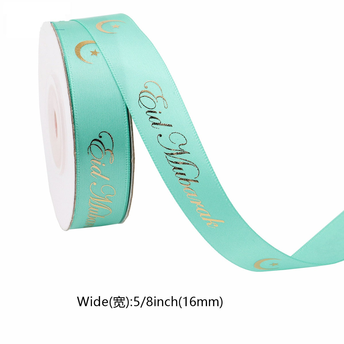 Light teal ribbon roll with gold “Eid Mubarak” and crescent icons; width 5/8 in (16mm)