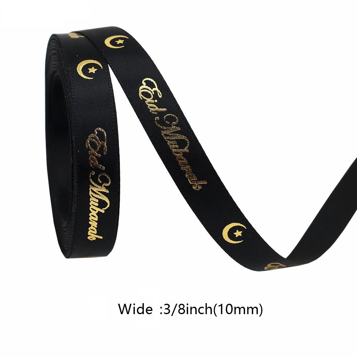 Black ribbon with gold crescent moons and star accents; 10mm wide