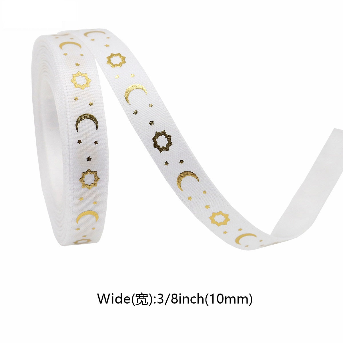 White ribbon with gold crescent moons and starburst motifs; 10mm wide