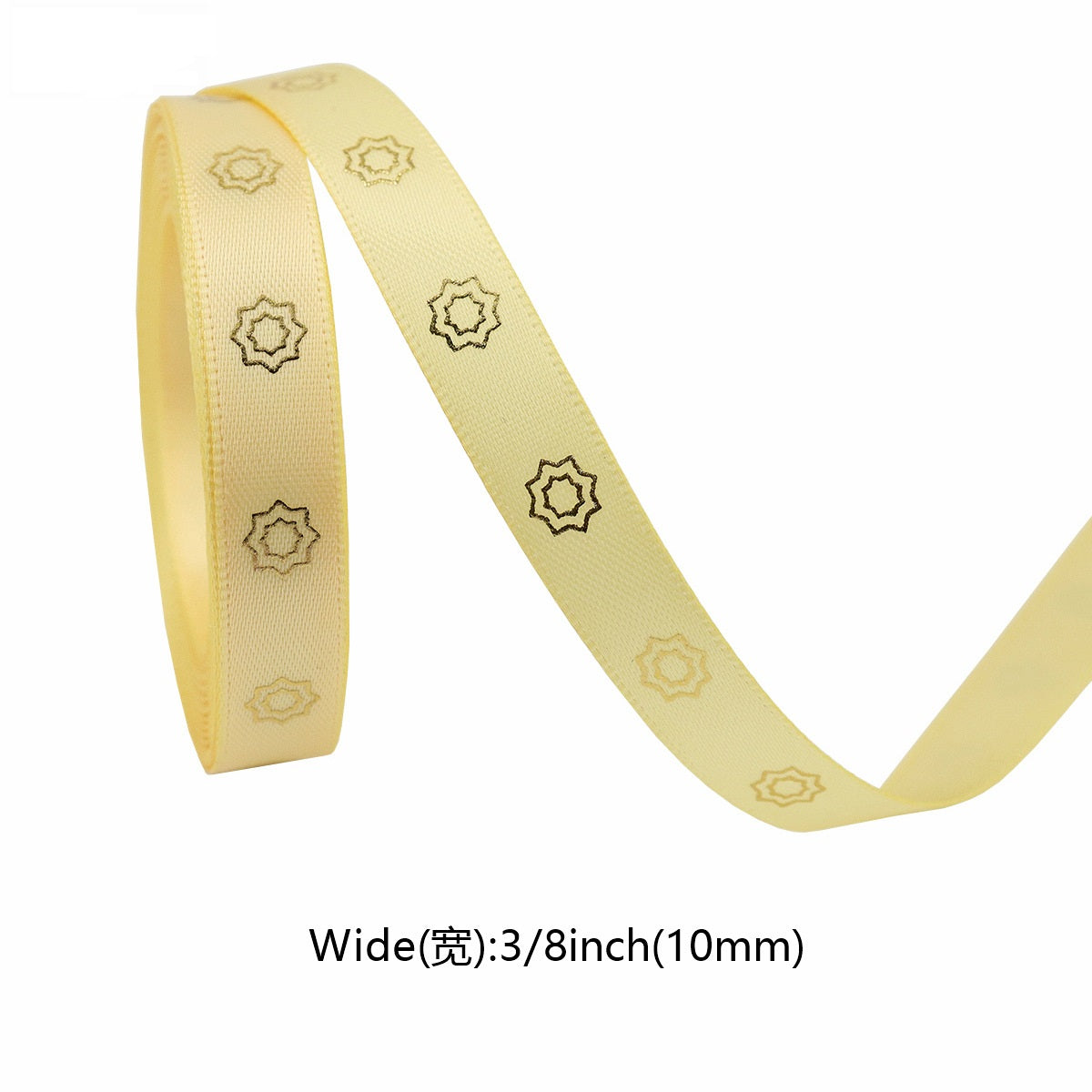 Pale yellow ribbon with gold starburst motifs; 10mm wide