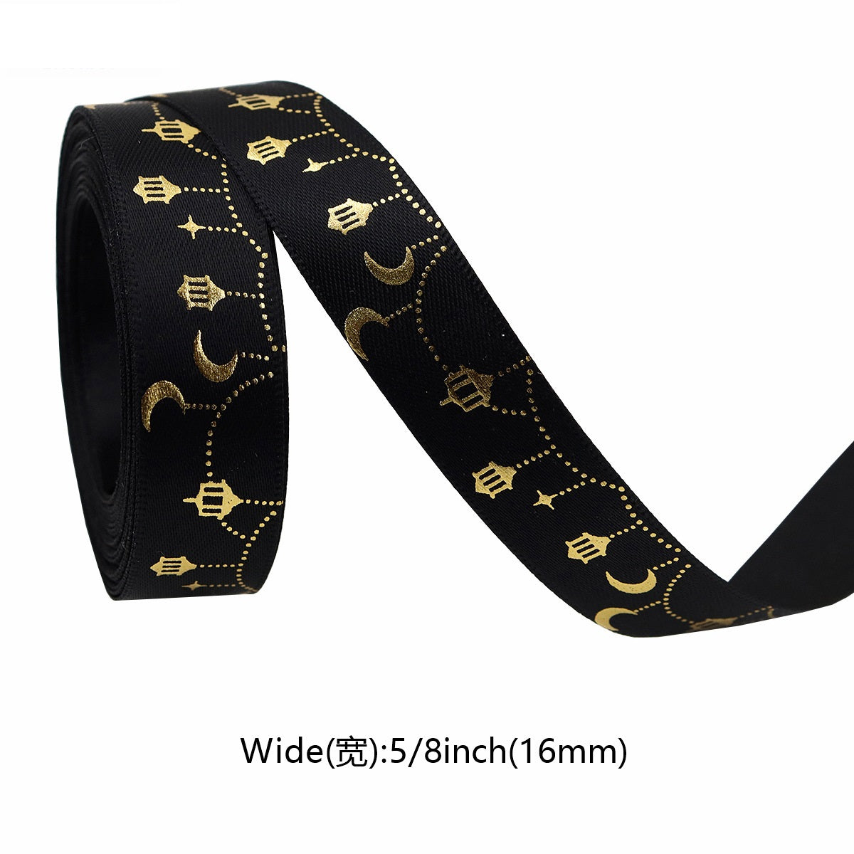 Black ribbon with gold crescent moons, stars, and graduation-cap motifs; 16mm wide