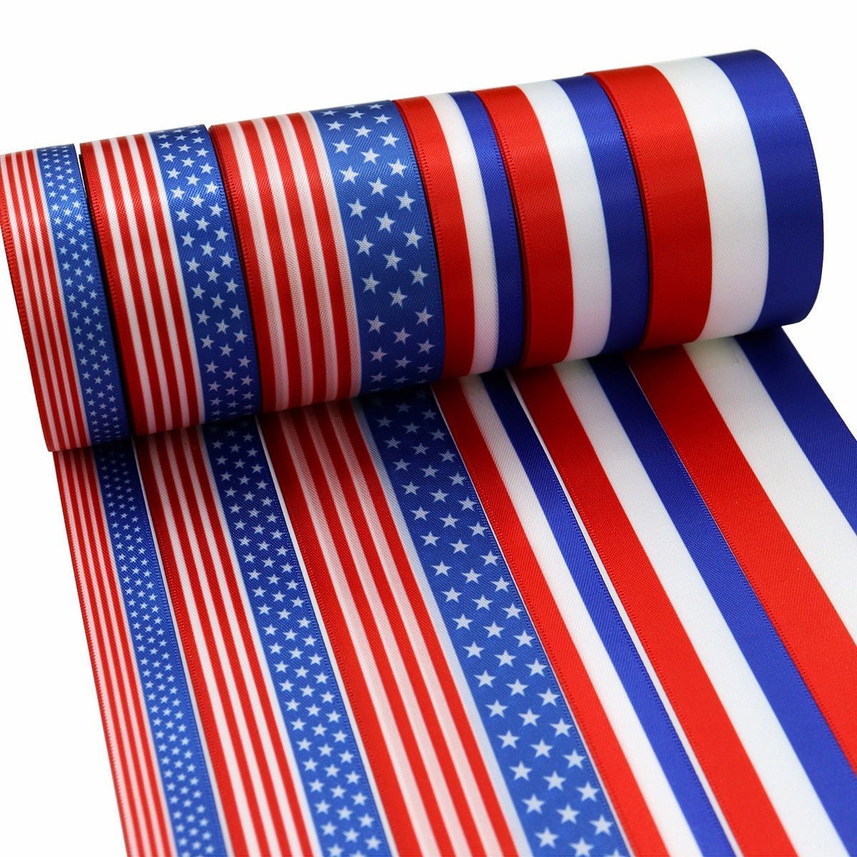 American flag ribbon rolls, 16/25/38mm, red white blue stripes and stars