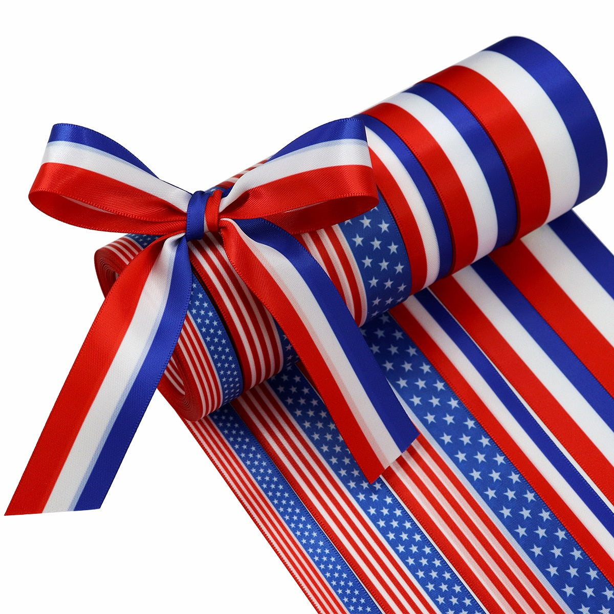 American flag ribbon with red, white, blue stripes and star panels, tied bow