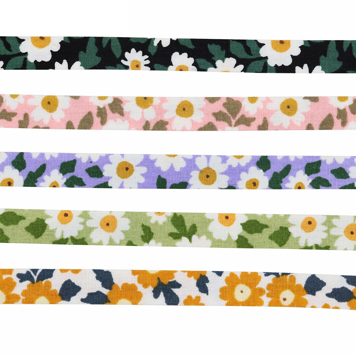 Sunflower ribbon 10mm close-up: striped view of five floral prints and widths