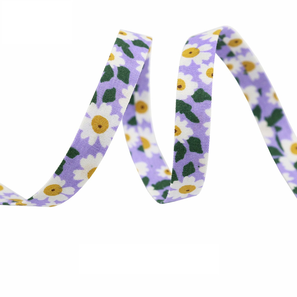 Sunflower ribbon 10mm: lilac background with daisy and green leaf floral print