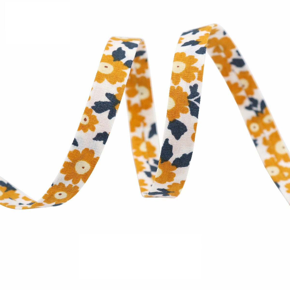 Sunflower ribbon 10mm: orange background with daisy and dark leaf floral print