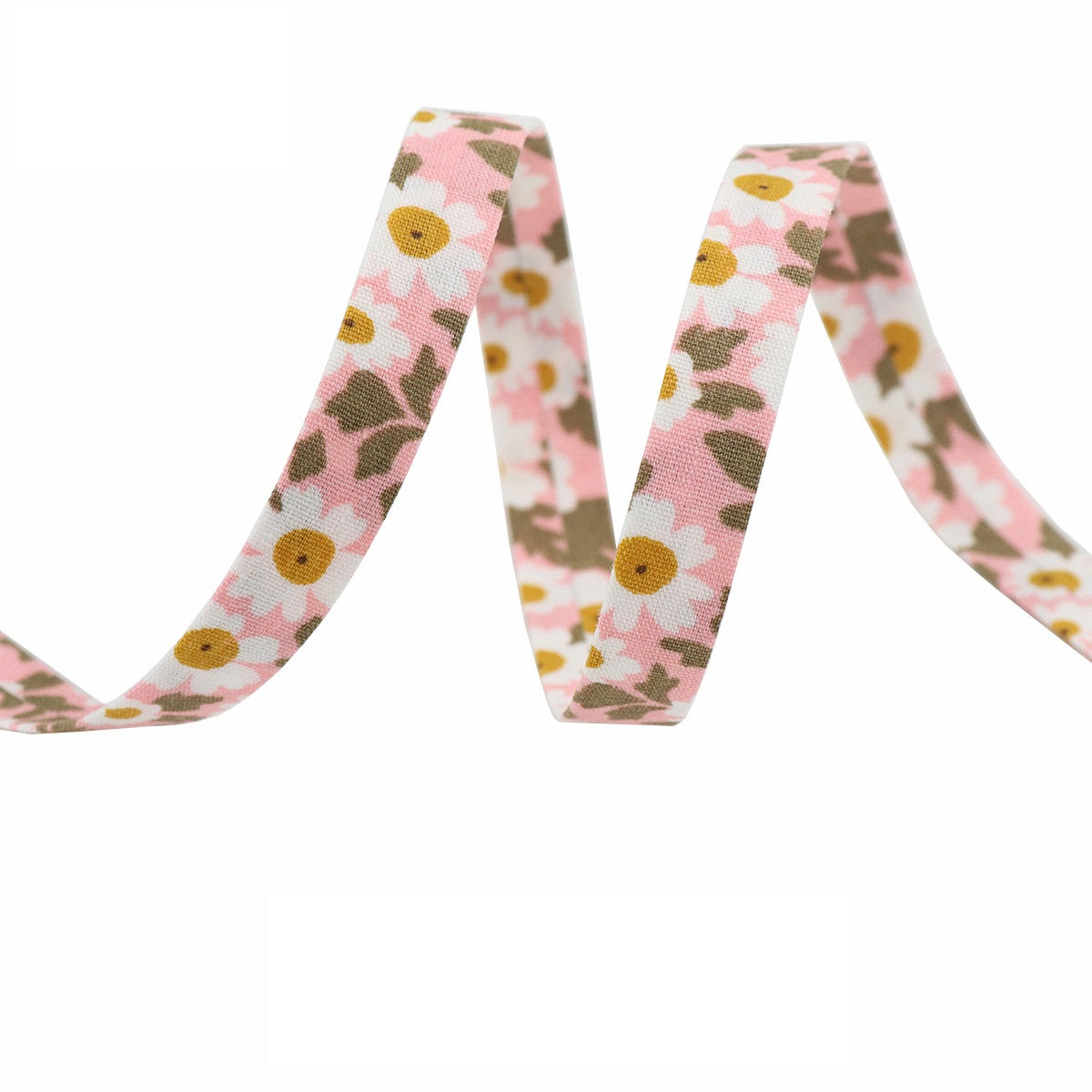 Sunflower ribbon 10mm: pink background with daisy and green leaf floral print
