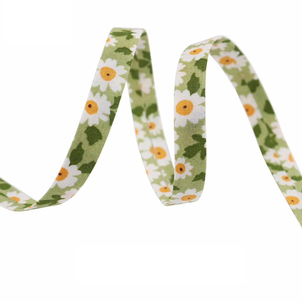 Sunflower ribbon 10mm: green background with daisy and orange flower center print