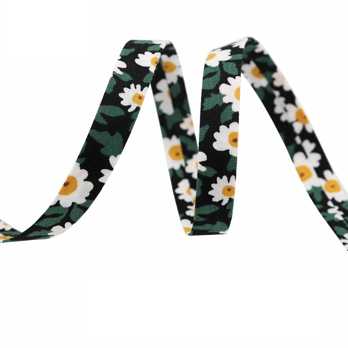 Sunflower ribbon 10mm: dark green background with white daisies and yellow centers