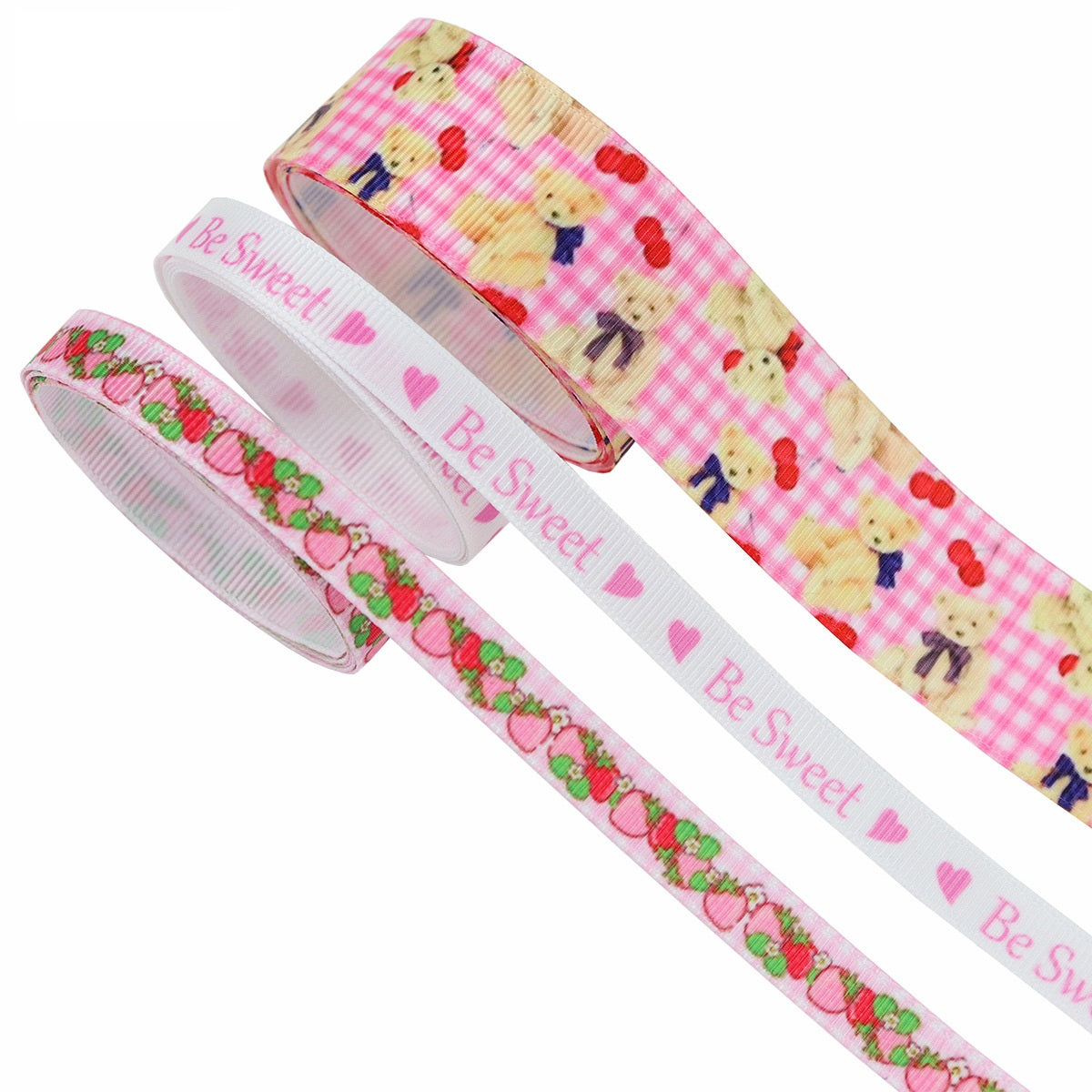 Pink ribbed ribbon with teddy bears, hearts and Be Sweet print