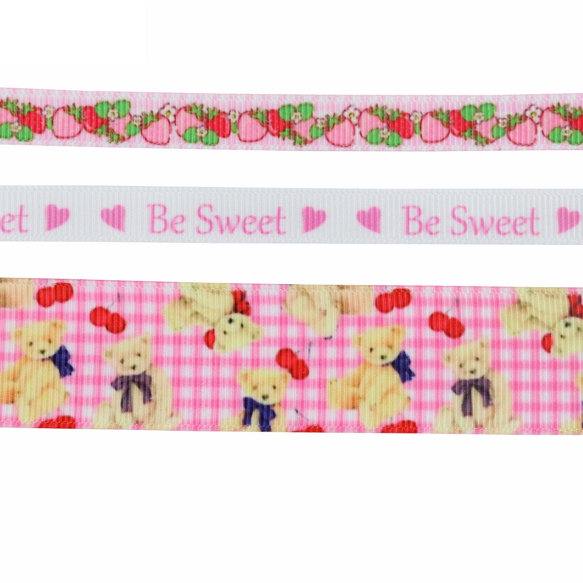 Pink ribbon close-up with teddy bears, hearts and Be Sweet text
