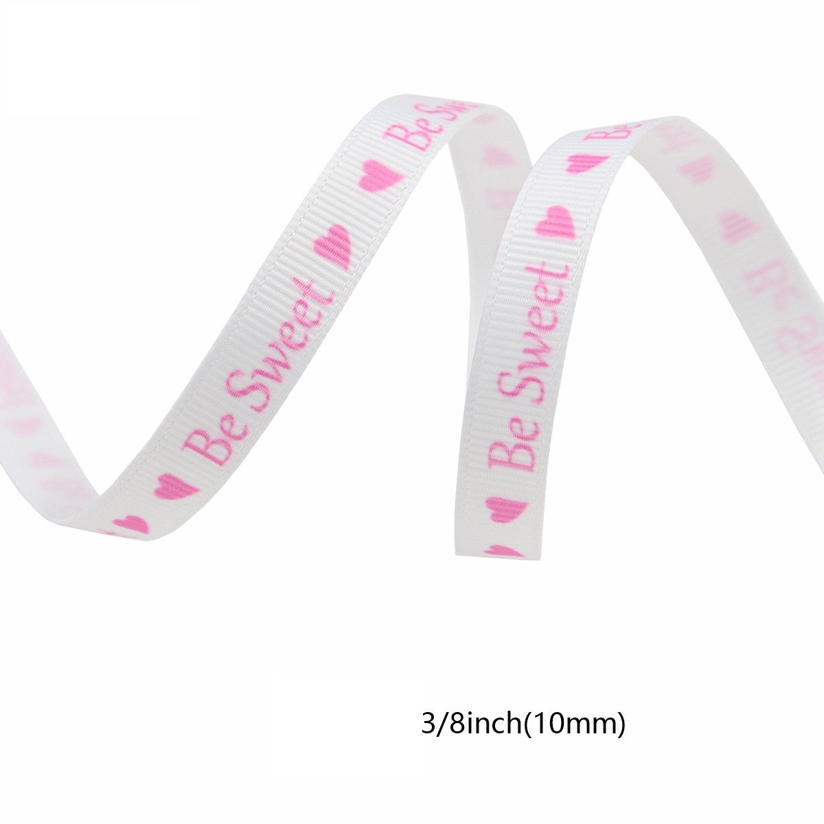 Light pink/white ribbed ribbon with Be Sweet text and small heart motifs, 10mm