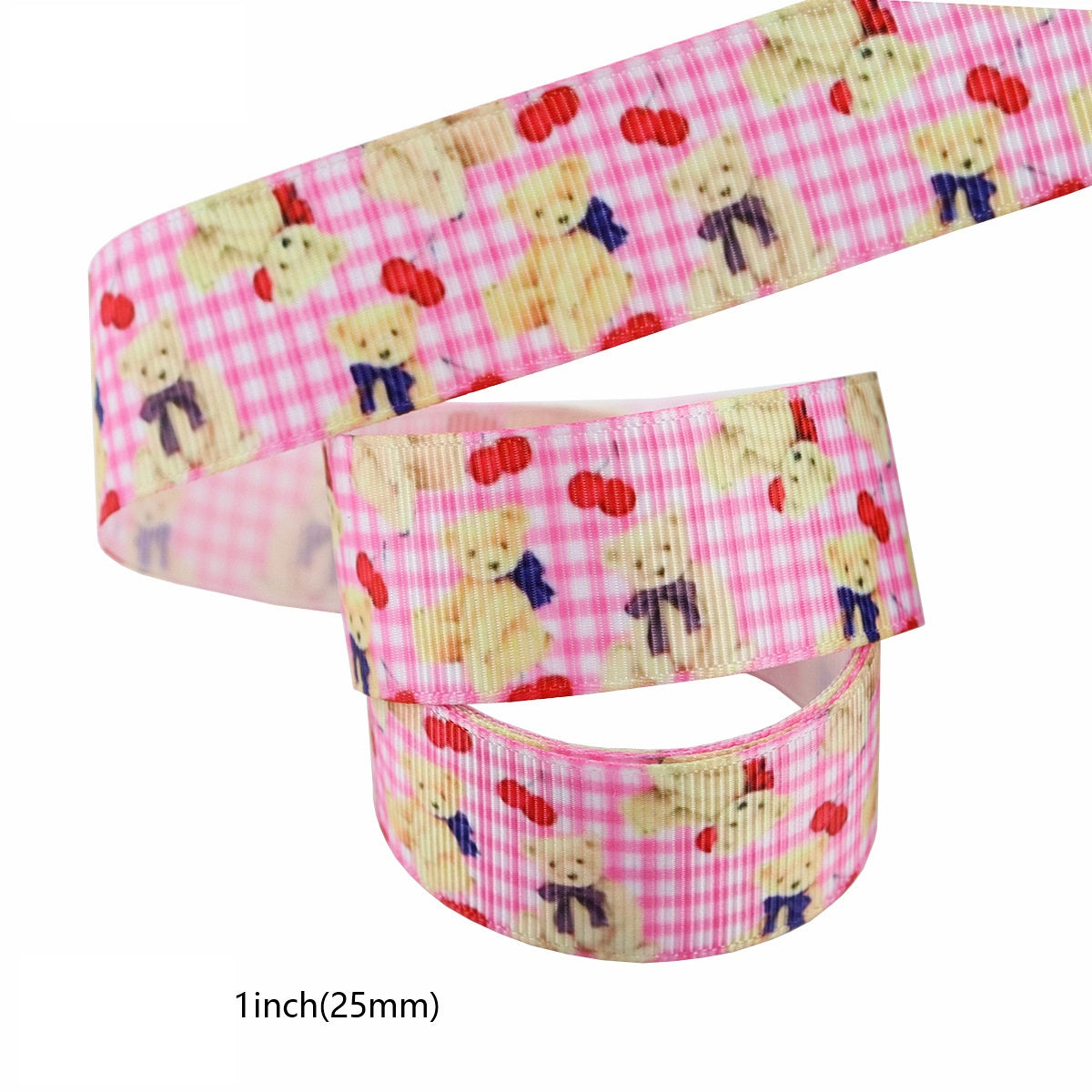 Pink ribbon roll with teddy bears and hearts, 25mm (1in) width