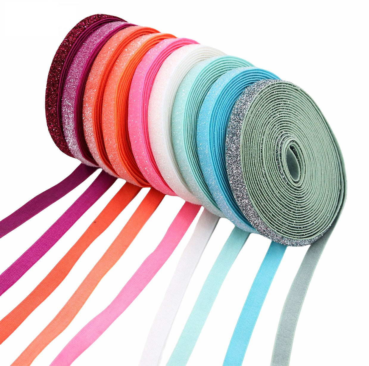10mm Stretchband mit Glitzer, pink–türkis–grün, aufgerollte Streifen, 9er-Set
