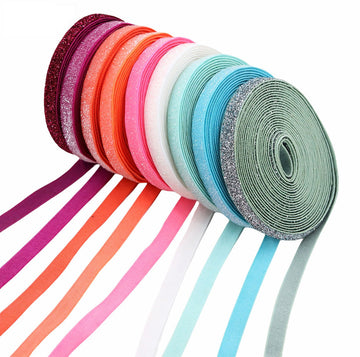 10mm Stretchband mit Glitzer, pink–türkis–grün, aufgerollte Streifen, 9er-Set