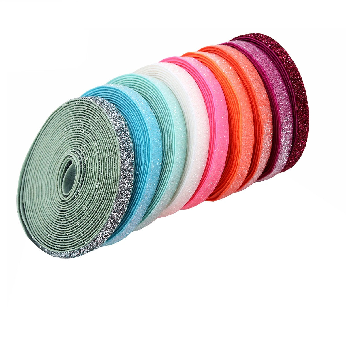 10mm Stretchband mit Glitzer, türkis–pink–orange–beere, aufgerollte Rollen