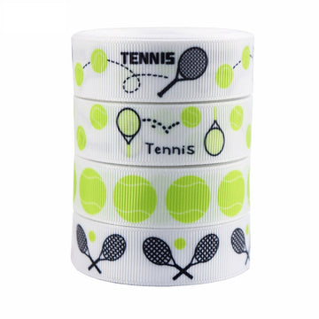 19mm tennis grosgrain ribbon: white with green tennis balls & rackets, 4-pack