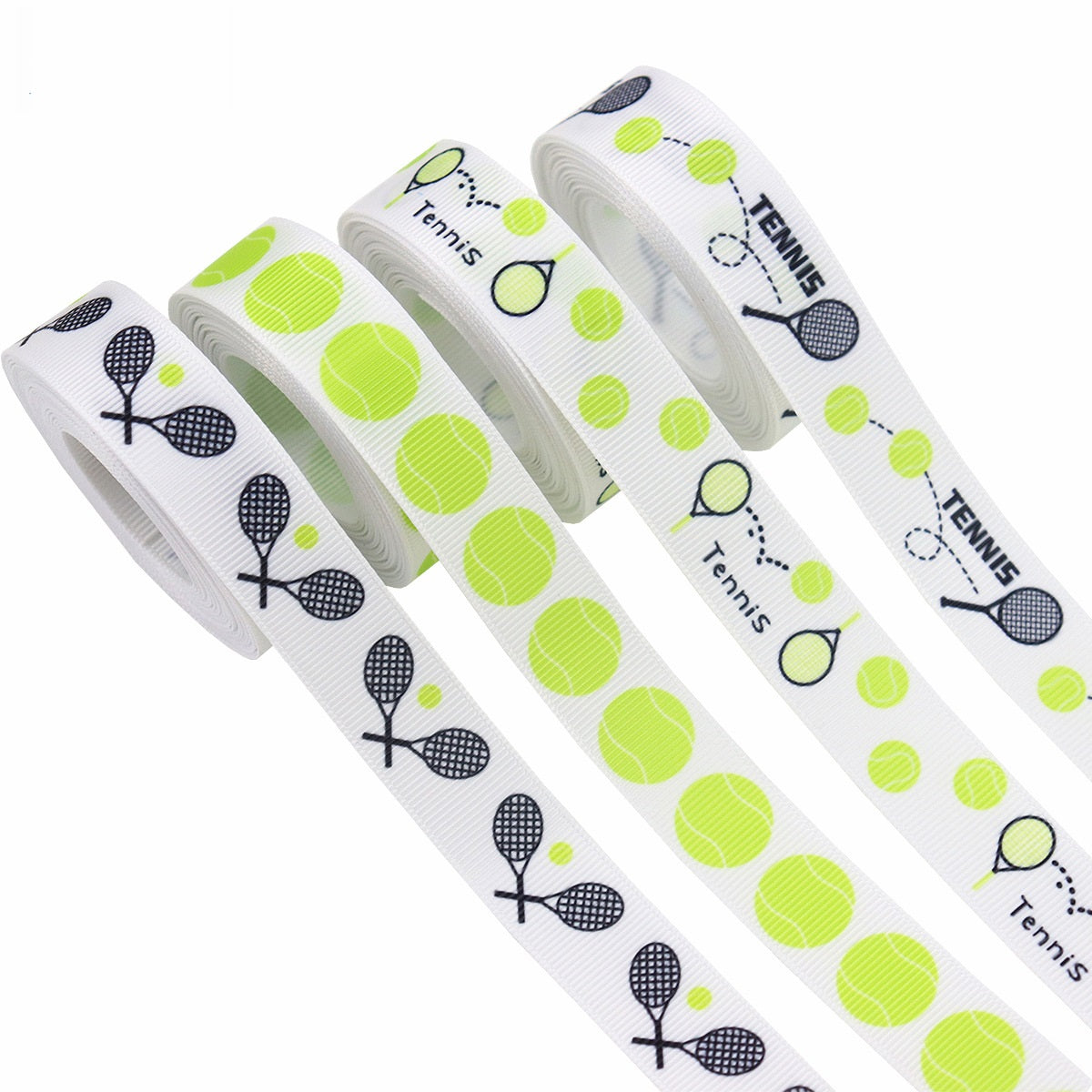 Tennis-themed grosgrain ribbon rolls, white with lime green tennis balls and racket print