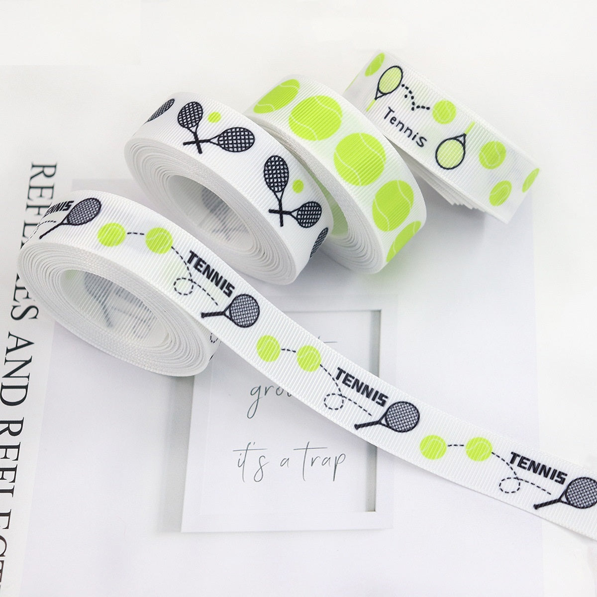 19mm tennis grosgrain ribbon strand, white with green ball pattern and racket graphics