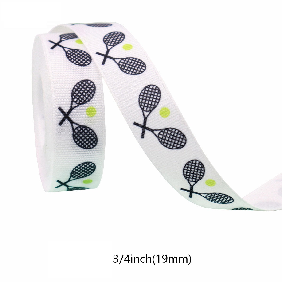 Close-up tennis grosgrain ribbon with black racket icons and lime green ball accents