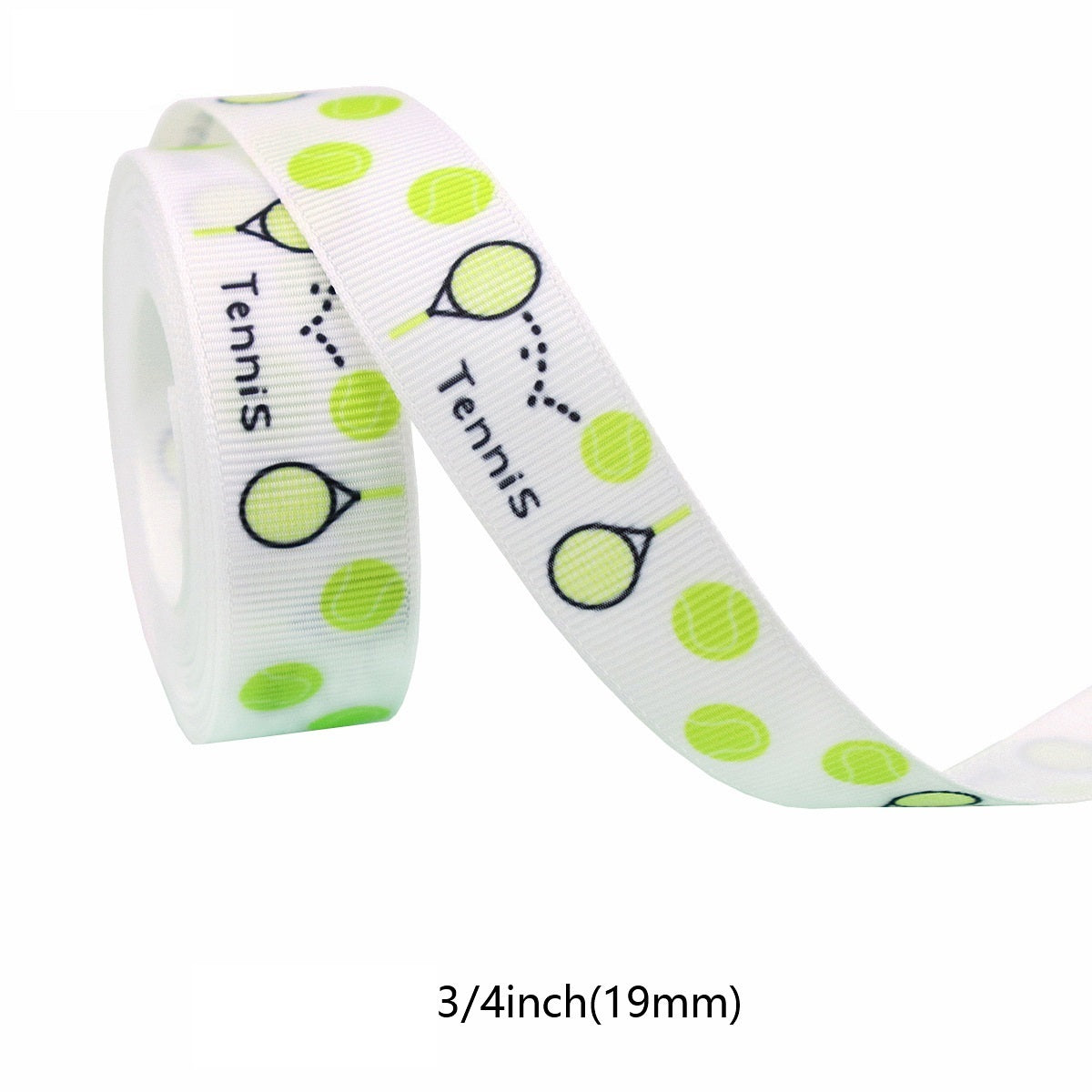 19mm tennis grosgrain ribbon band, white with green tennis balls and “Tennis” print