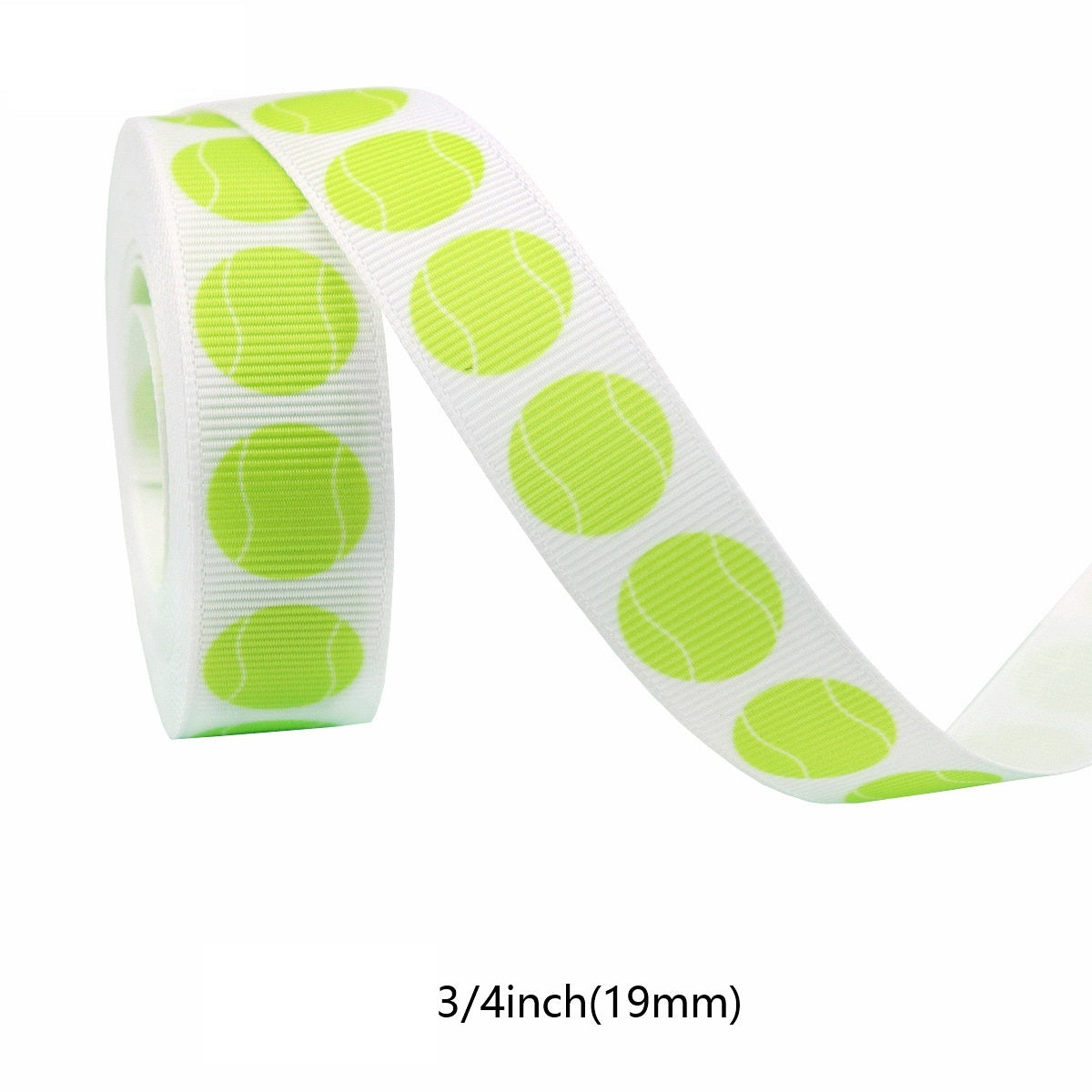 Tennis grosgrain ribbon close-up, white with lime green oval ball pattern