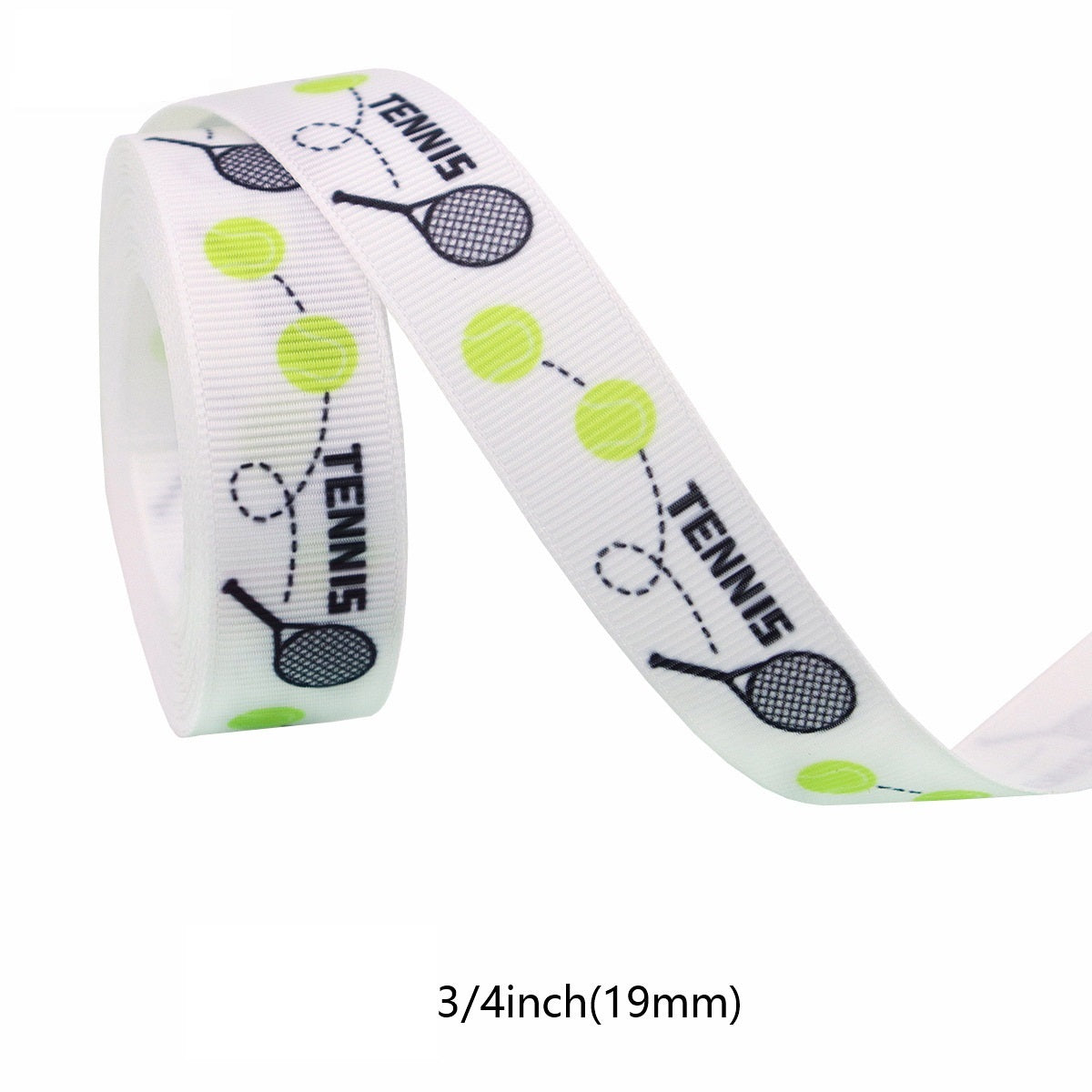 Tennis grosgrain ribbon close-up, white with green dots, black rackets, and “Tennis” text