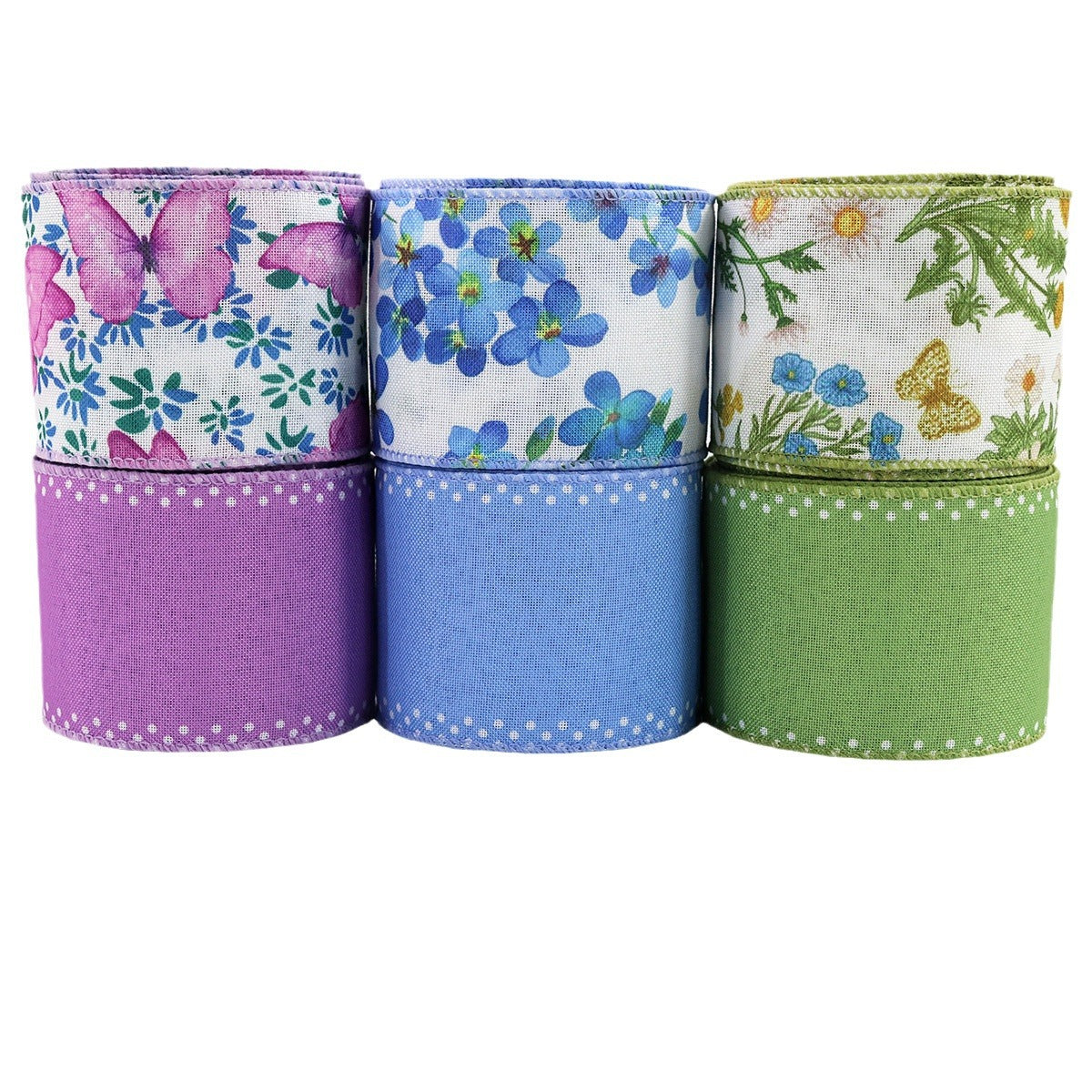Summer floral wired-edge ribbon rolls, 2.5 in wide, in purple, blue, and green