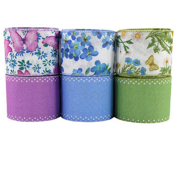 Summer floral wired-edge ribbon rolls, 2.5 in wide, in purple, blue, and green