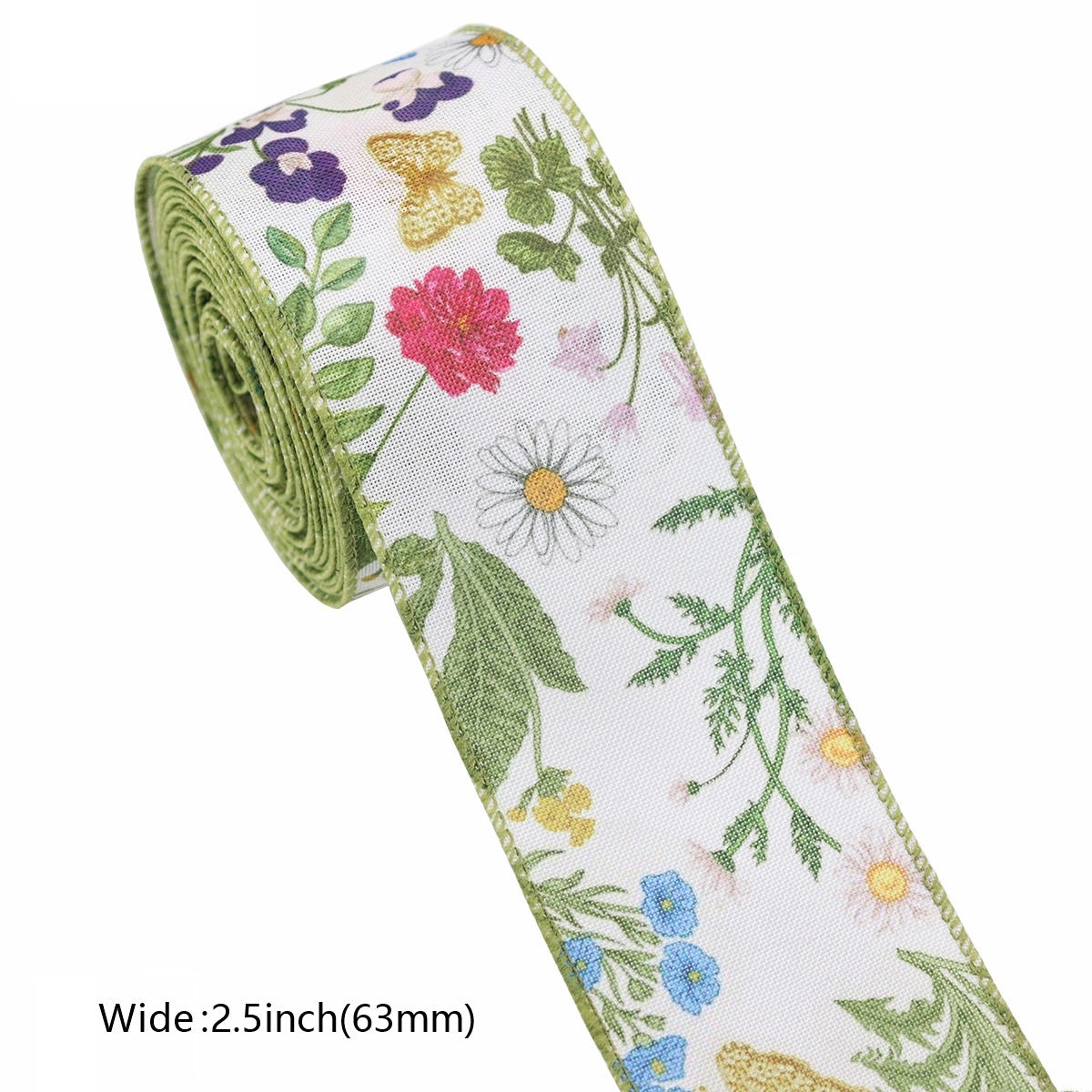 Green floral wired-edge ribbon roll with pink and yellow flowers, 2.5 in wide