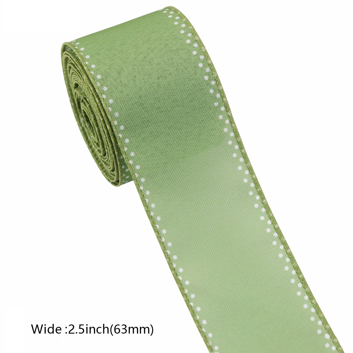 Green wired-edge ribbon roll with white polka dots, 2.5 in wide