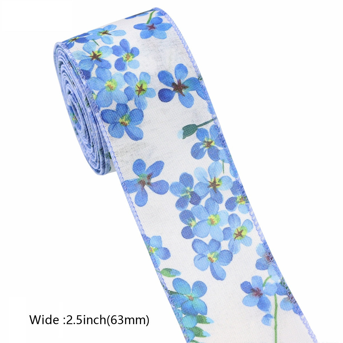 Blue floral wired-edge ribbon roll on white, 2.5 in wide