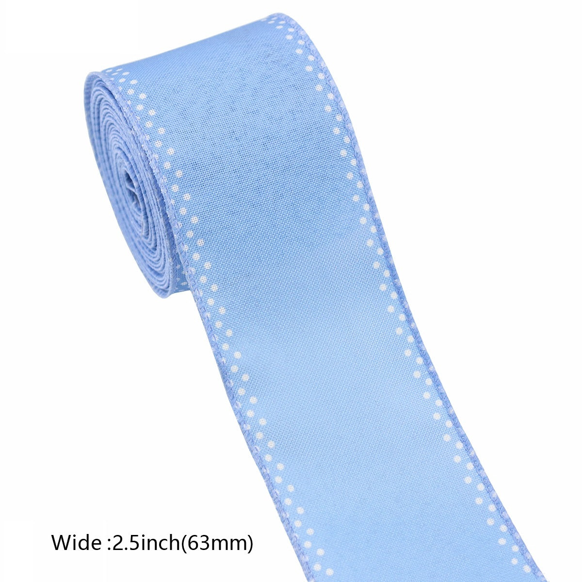 Light blue wired-edge ribbon roll with white dot pattern, 2.5 in wide