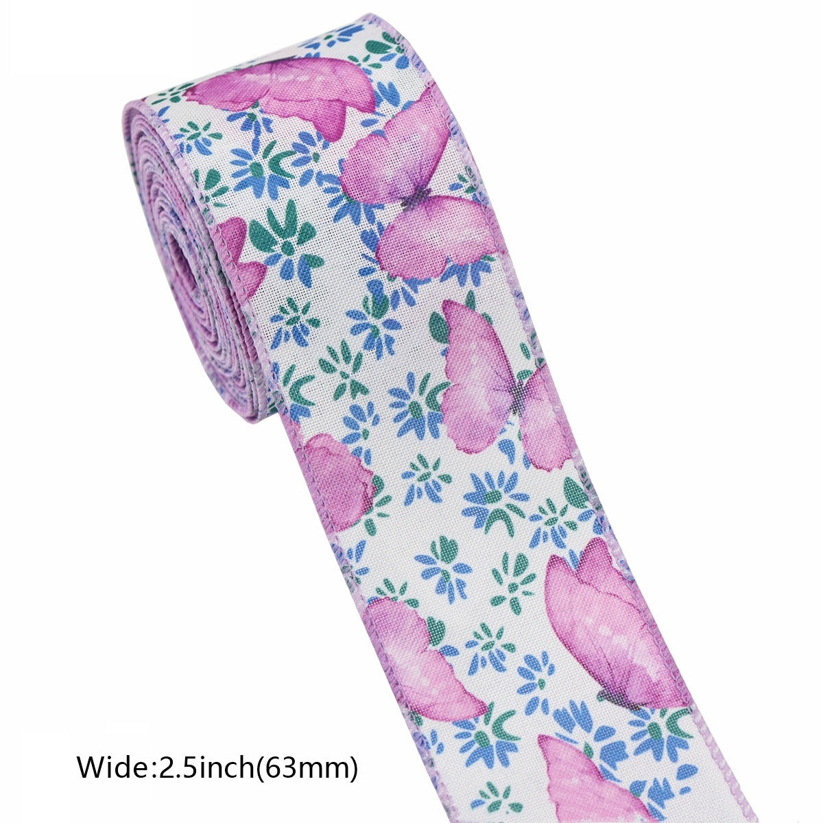 Pink floral wired-edge ribbon roll on white, 2.5 in wide