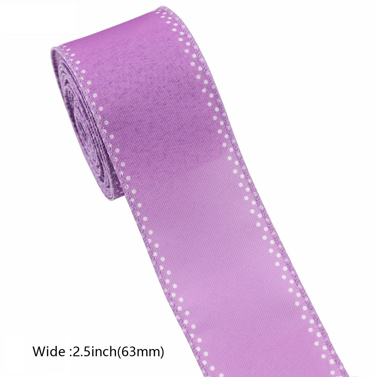 Purple solid wired-edge ribbon roll with white dot accents, 2.5 in wide