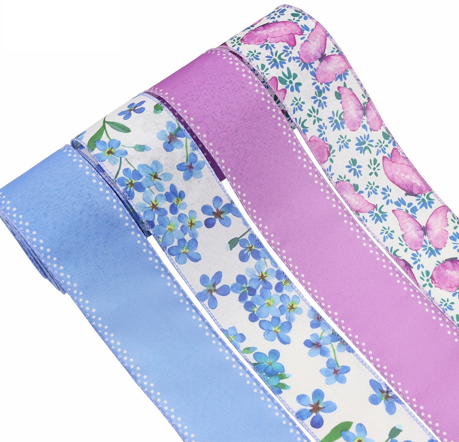 Floral wired-edge ribbon roll in purple, blue, and pink tones, 2.5 in wide
