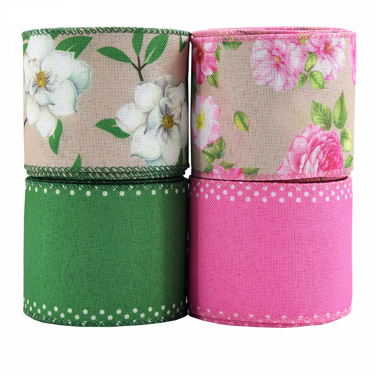 63mm wire crochet ribbon, mint flower, with pink and green ribbon rolls