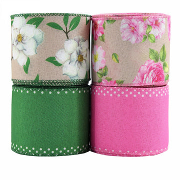 63mm wire crochet ribbon, mint flower, with pink and green ribbon rolls