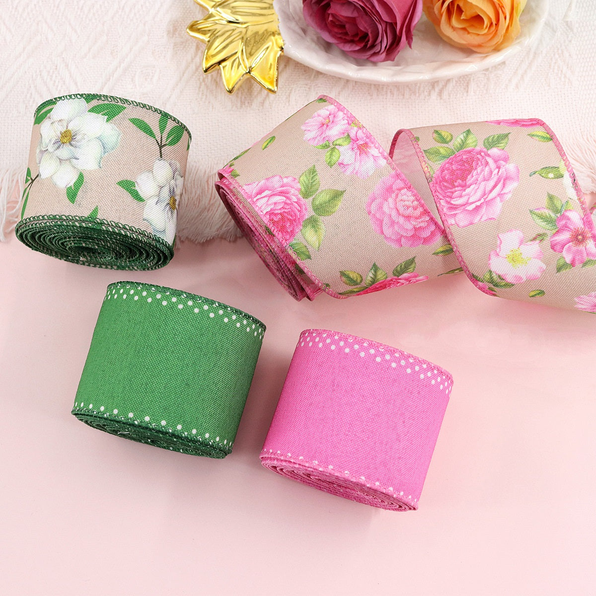 63mm wire crochet ribbon rolls: green dotted and pink dotted with floral rose ribbon