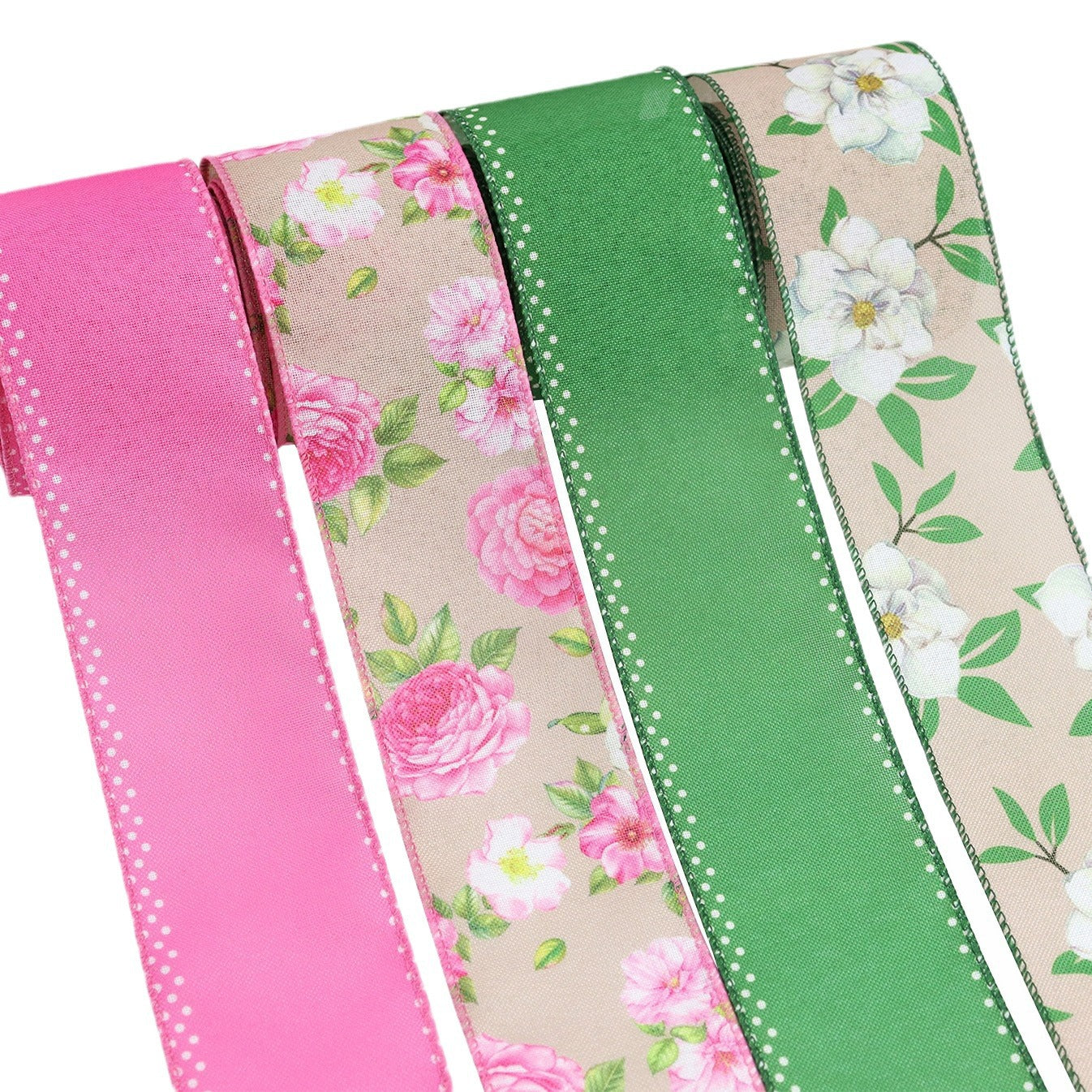 Close-up of 63mm wire crochet ribbon rolls: green floral and pink floral/solid
