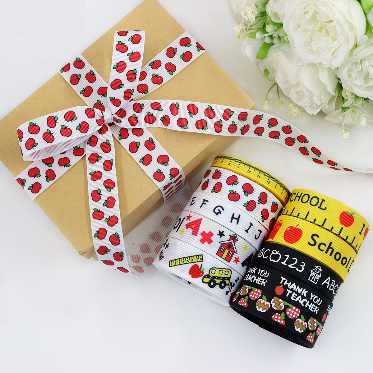 School ribbon set: white ABC & apple ribbon, black “Thank you Teacher” on bow