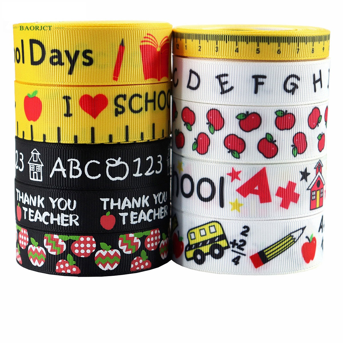 School ribbon rolls: yellow ruler 1–10, white ABC & apples, black “Thank you Teacher”