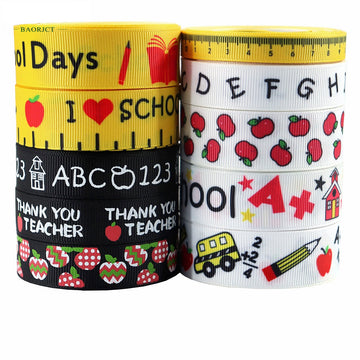 School ribbon rolls: yellow ruler 1–10, white ABC & apples, black “Thank you Teacher”