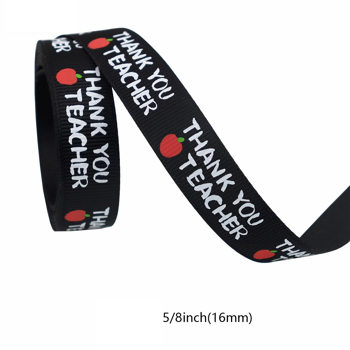Black ribbon with “Thank you Teacher” and red apple icons, width 16mm