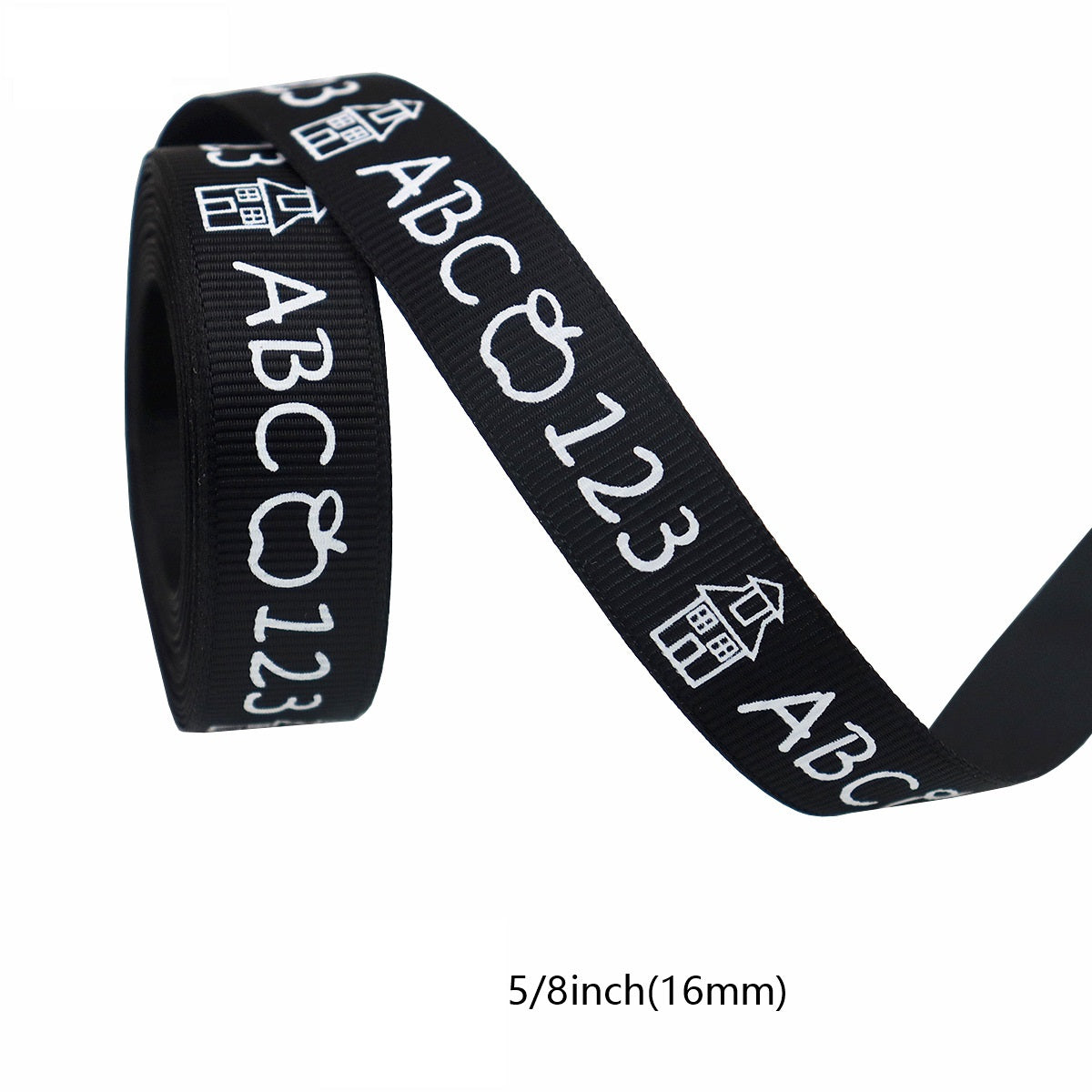 Black ribbon with “ABC 123” and school bus/house icons, width 16mm