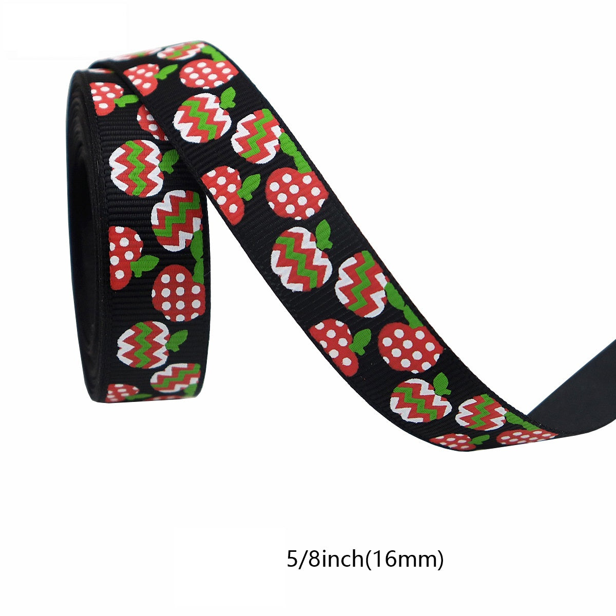 Black ribbon with red apple and zigzag pattern, narrow roll, width 16mm