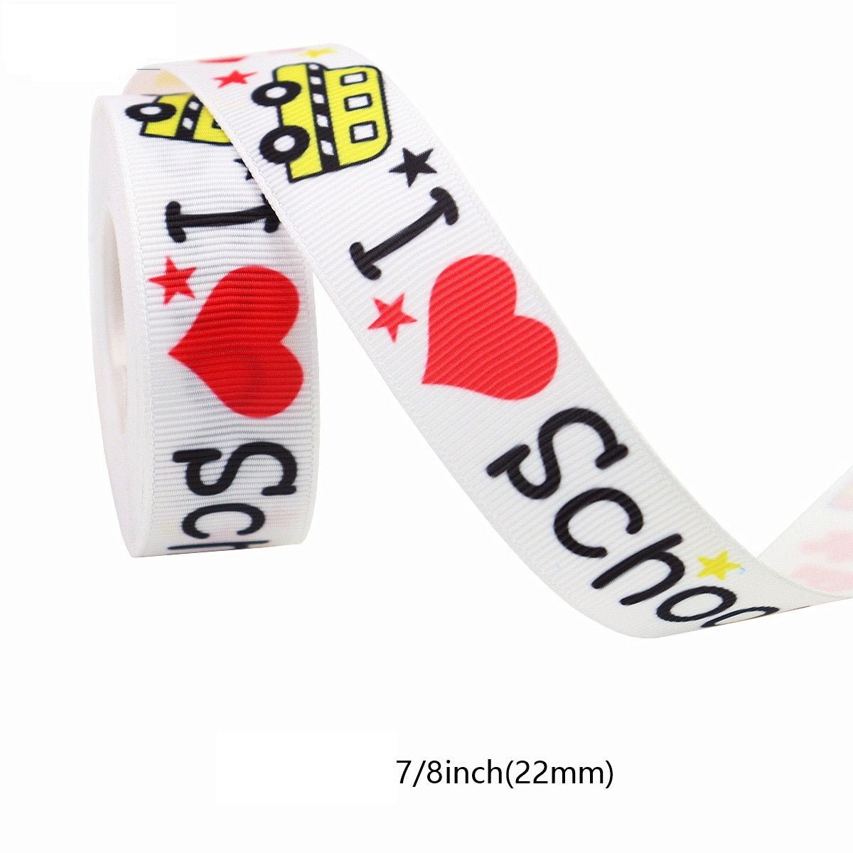 Weißes 22-mm-Ripsband mit roten Herzen und LOVE-Schrift