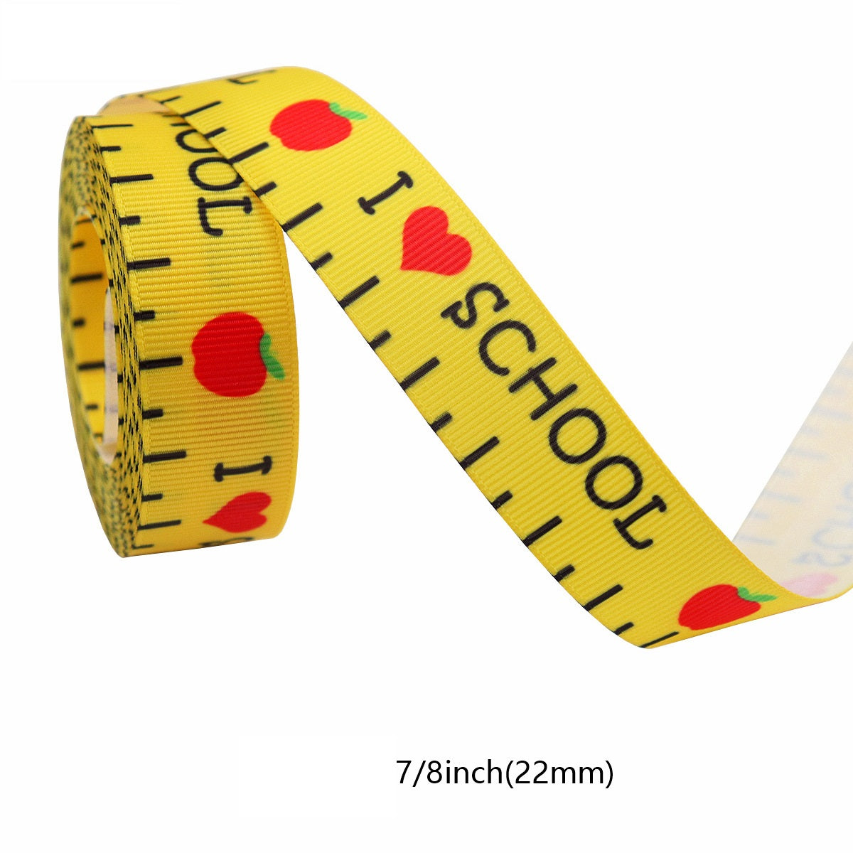 Gelbes 22-mm-Ripsband mit Messskala und roten Herzmotiven