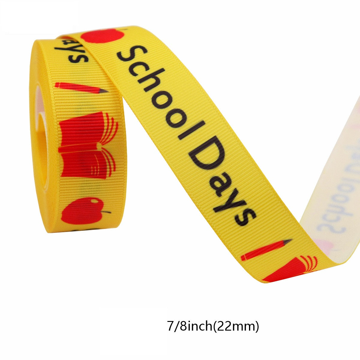 Gelbes 22-mm-Ripsband mit SCHOOL DAYS-Schrift und Bleistiftmotiven